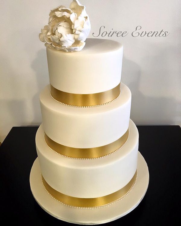 Classic White Wedding Cake with Gold Ribbon and Acrylic Pearl Trim