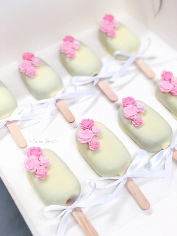 White Chocolate Coated Cake Popsicles with Pink Sugar Flowers - Image 2